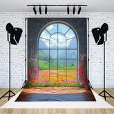 Lofaris Mountain Floral Scene Arched Windows Photo Backdrop